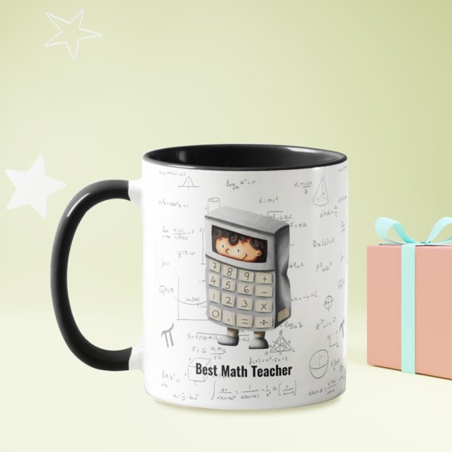 Taza Personalizado de ecuaciones de las fórmulas de mej (Best math teacher mug with a formula background pattern and a person in calculator costume)