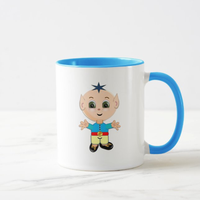 Taza Personalizado de elfo de bebé lindo en azul y amar (Derecha)
