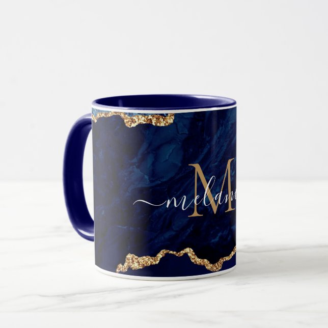 Taza Personalizado de mármol azul de oro de la marina N (Anverso izquierdo)