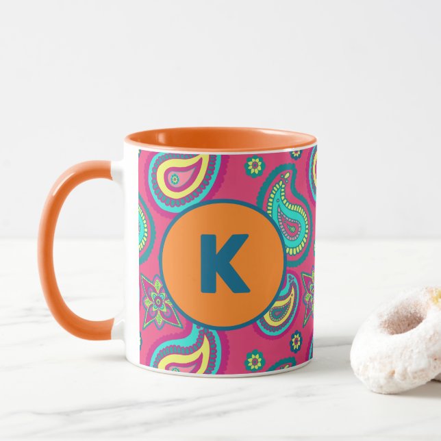 Taza Personalizado de patrón bohemio de paisley rosada  (Con donut)