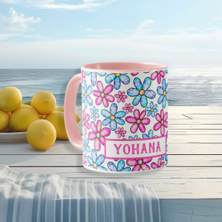 Taza Personalizado de patrones de margarita rosa y azul