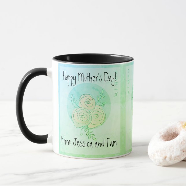 Taza Personalizado Feliz Día de la Madre rosas verdes (Con donut)
