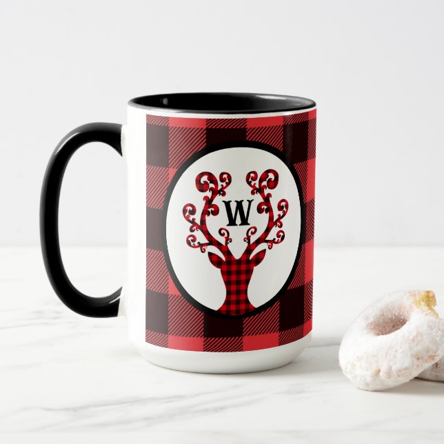Taza Personalizado Monograma Café de vacaciones de reno (Con donut)