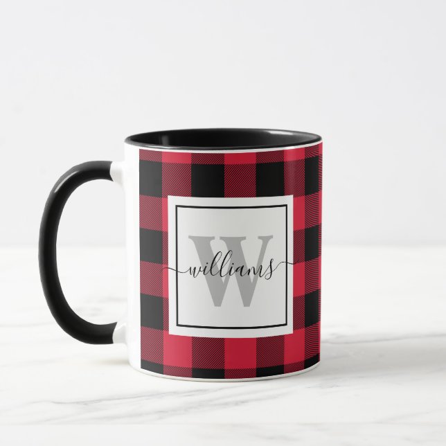 Taza Personalizado Monogrammed Farmhouse Red Buffalo Pl (Izquierda)