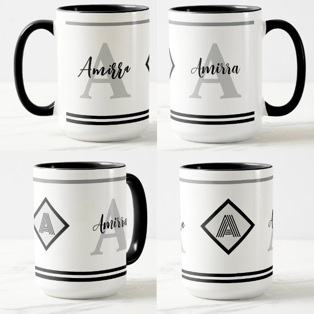 Taza Personalizado Monogrammed Mug con nombre y regalo  (Black gray white coffee cup)