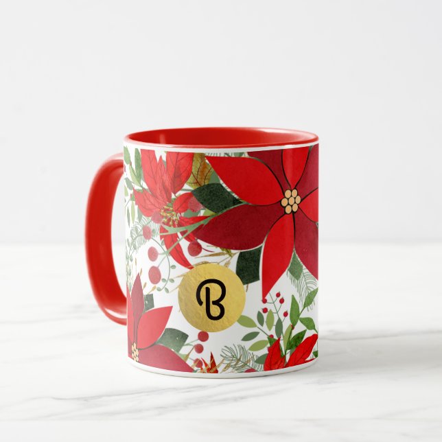 Taza Personalizado navideño de poinsettia dorada roja d (Anverso izquierdo)