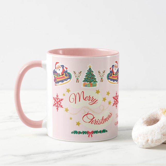 Taza Personalizado Pink Merry Christmas Santa Sleigh (Con donut)