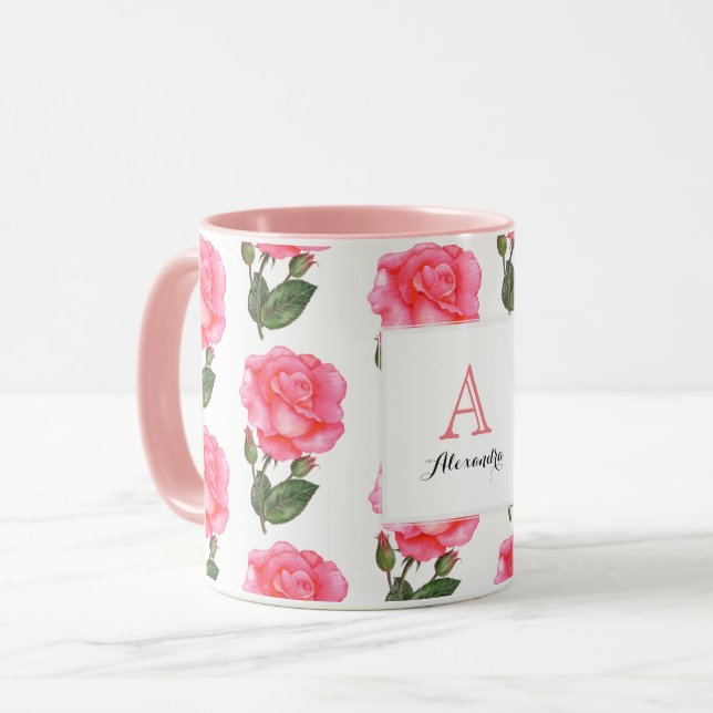 Taza Personalizado Roses rosas Flores Monograma Cuadrad (Anverso izquierdo)