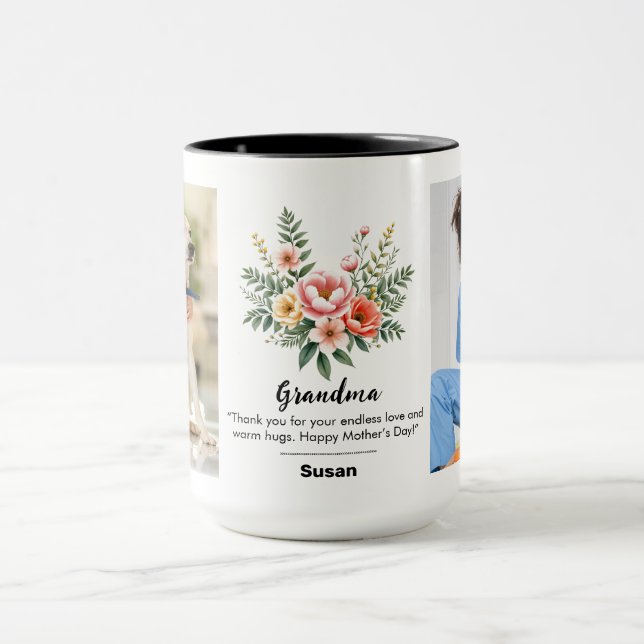 Taza Personalizar nombre Florals Granma Gift Black Comb (Centro)