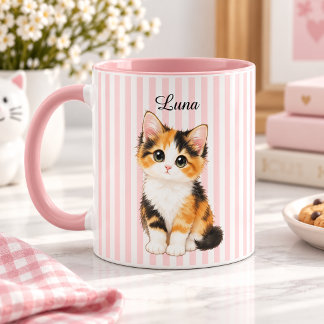 Taza Personalized Calico Kitten Name Pink Striped Coffe