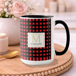 Taza Personalized Checkered Name Mug Red Black Stripe