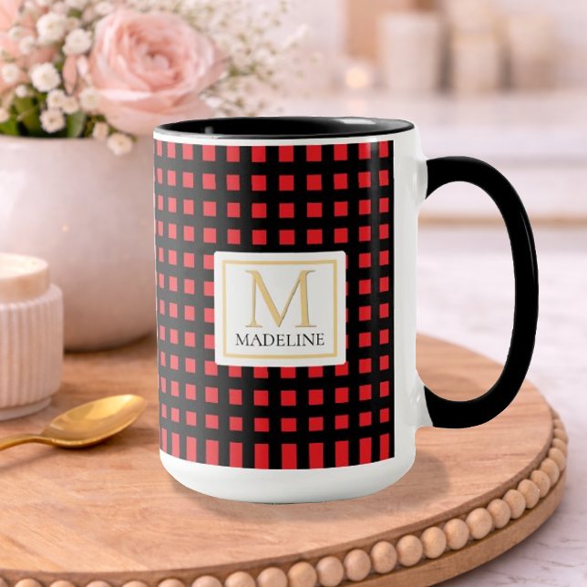 Taza Personalized Checkered Name Mug Red Black Stripe (Subido por el creador)