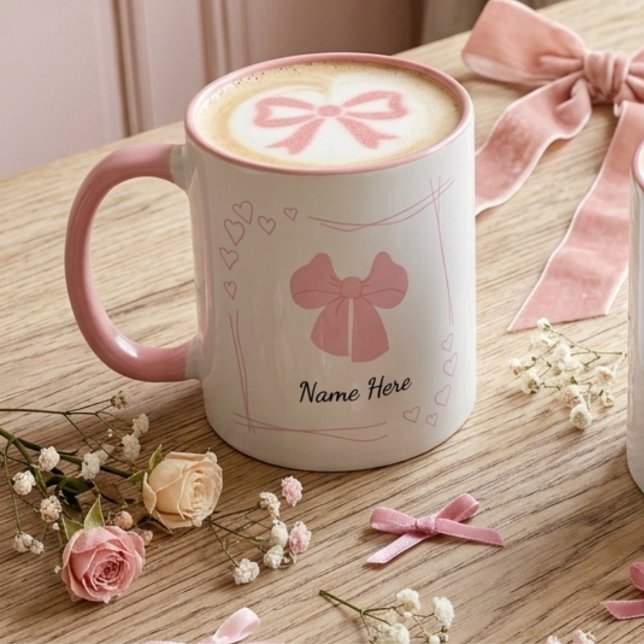 Taza Personalized Coquette Pink Bow Coffee Mug (Custom text ceramic coquette pink bow mug with pink handle)