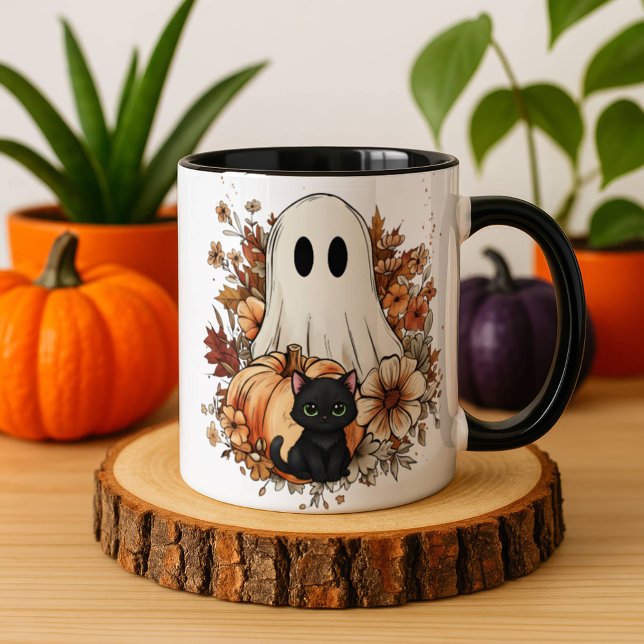 Taza Personalized Cute Ghost and Black Cat Autumn Mug (Subido por el creador)