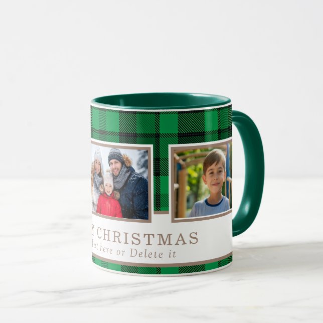 Taza Personalized Family 3 Photo Green Plaid Christmas  (Anverso derecho)