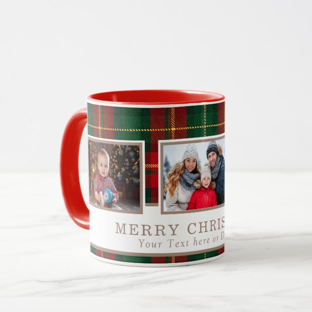Taza Personalized Family 3 Photo Plaid Christmas  (Anverso izquierdo)