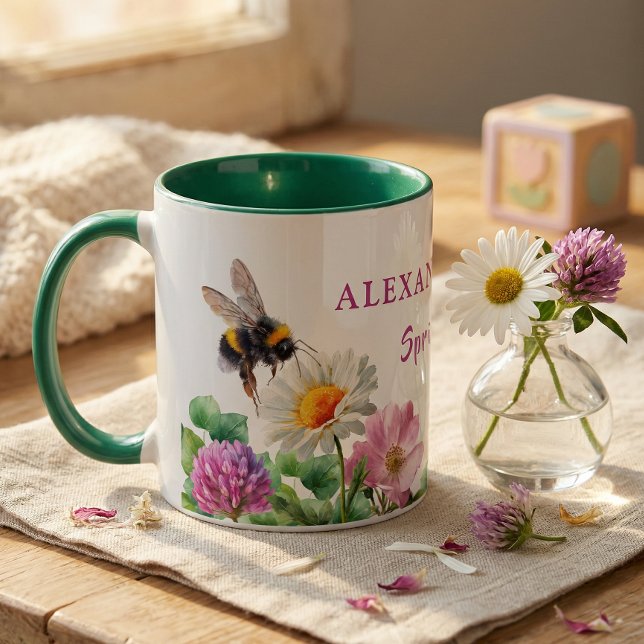 Taza Personalized Green Watercolor Bee Spring Vibes (Subido por el creador)
