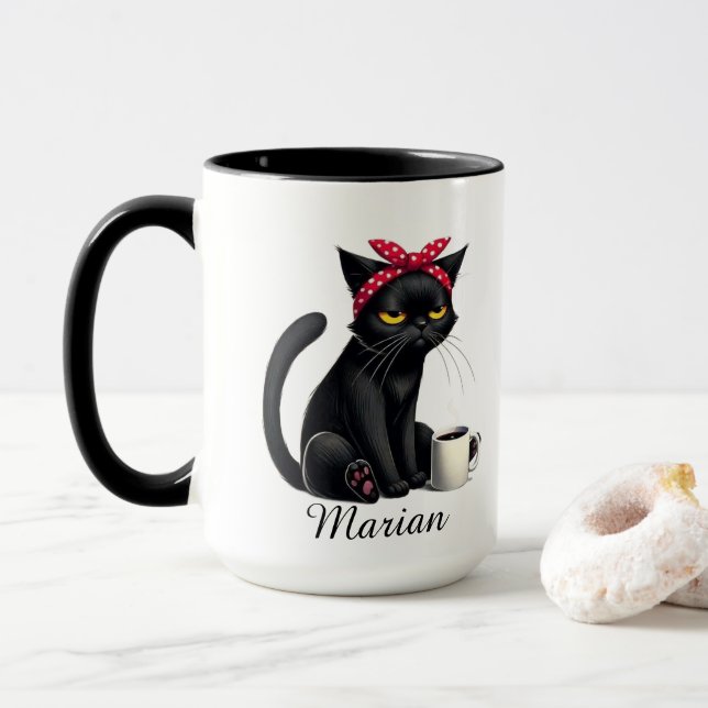 Taza Personalized Grumpy Black Cat Coffee Mug (Con donut)