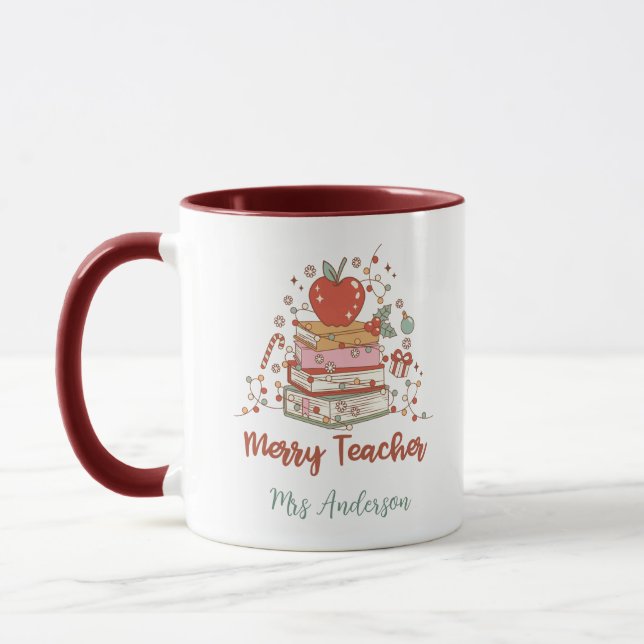 Taza Personalized Merry Teacher Christmas Tree Books  (Izquierda)