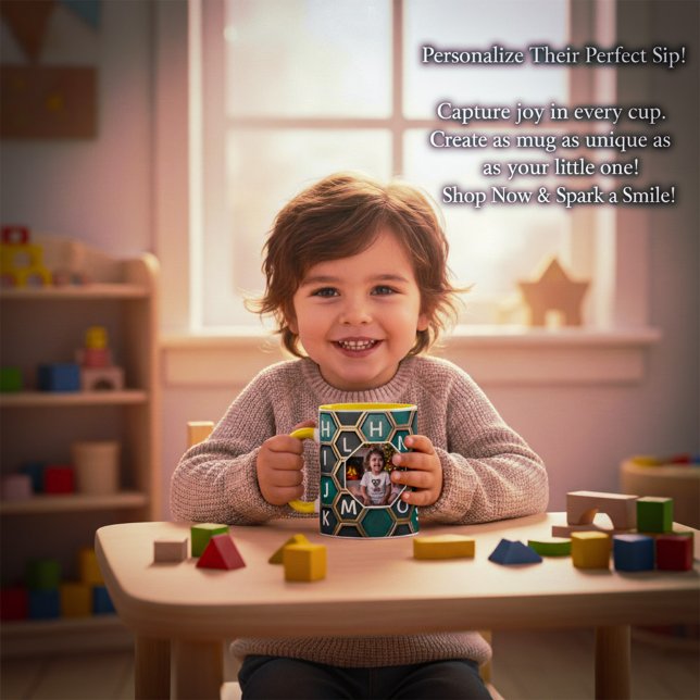 Taza Personalized Mug with Custom Kid Photo A-Z letters (Personalized Alphabet Honeycomb Mug with Custom Kid Photo)