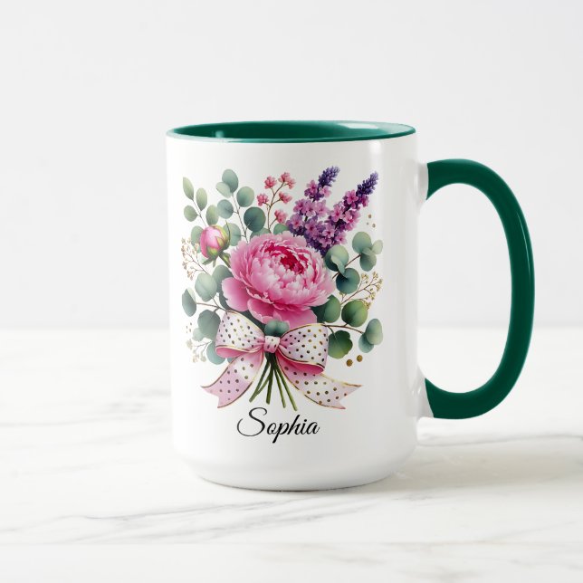 Taza Personalized Peony Floral Name Mug Elegant Gift (Derecha)