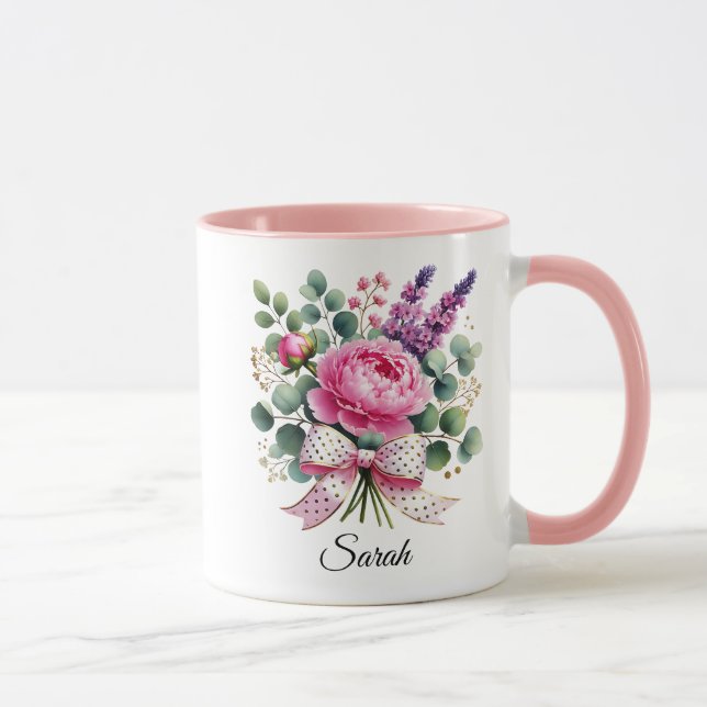 Taza Personalized Peony Floral Name Mug Gift (Derecha)