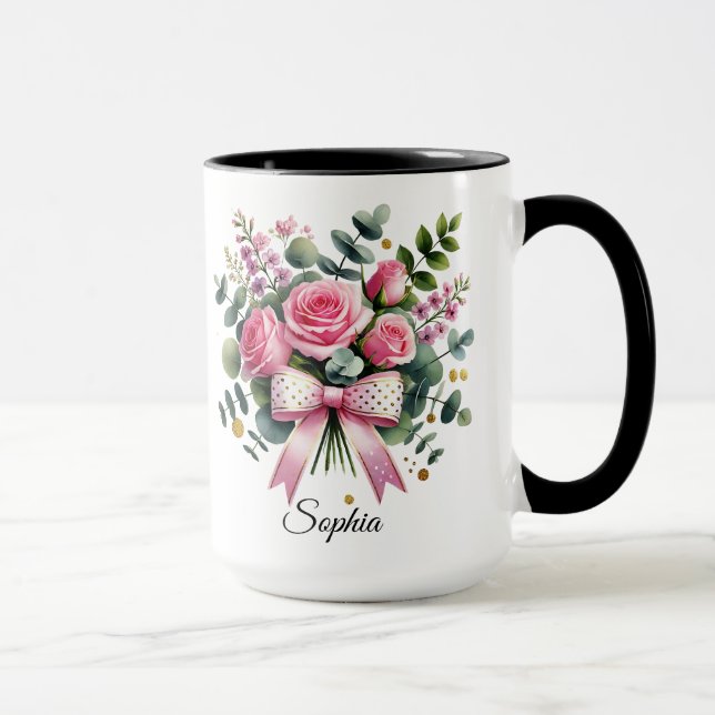 Taza Personalized Pink Rose Name Mug Elegant Gift (Derecha)
