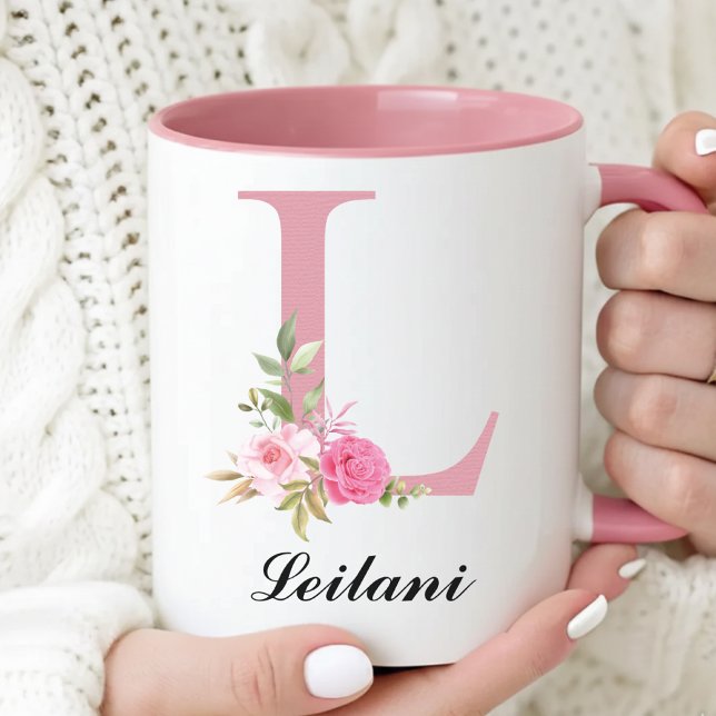 Taza Personalized Pink Roses Monogram Mug Gift for Her (Custom Pink Rose Floral Monogram Mug Gift for Her, Floral Rose Monogram Coffee Mug Mother’s Day Gift)