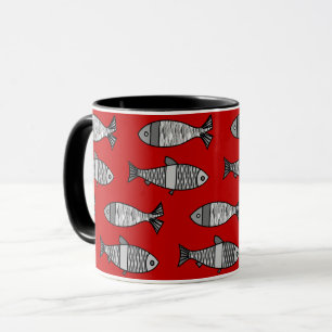 Taza Pescado retro moderno, rojo profundo y gris / gris