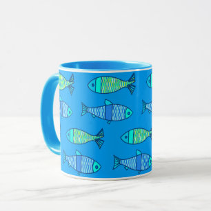 Taza Pescado retro moderno, turquesa y azul ceruleano