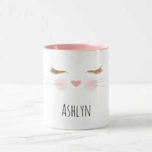 Taza Pestañas Purpurina Doradas Nariz Rosa Cara de Gati
