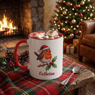 Taza Petirrojo de Navidad personalizado con sombrero de