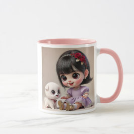 Taza Petite fille au bandeau fleuri et son chiot blanc.