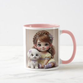 Taza Petite fille au bandeau fleuri et son chiot blanc.