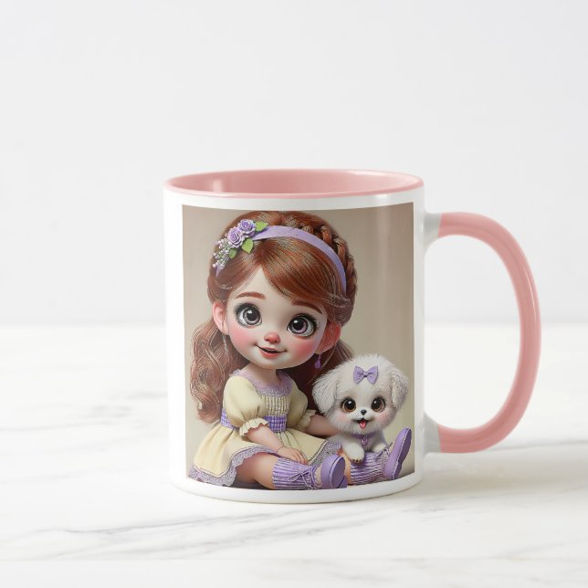 Taza Petite fille au bandeau fleuri et son chiot blanc. (Derecha)