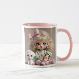 Taza Petite fille au nœud rose et son chiot blanc.