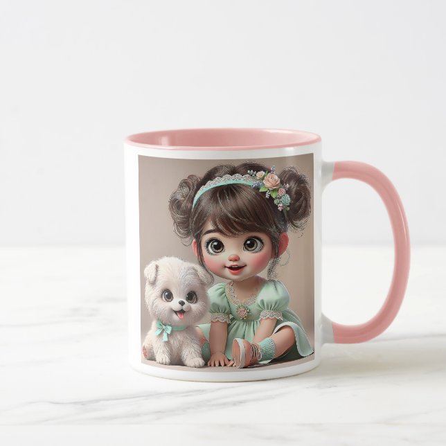 Taza Petite fille en robe verte et son chiot blanc . (Derecha)
