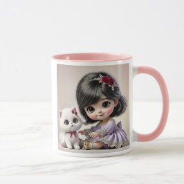 Taza Petite fille en robe violette et son chat blanc .