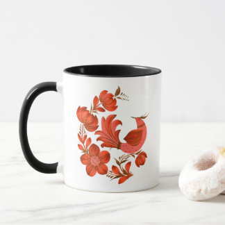 Taza Petrykivka Inspirado Arte Popular Rojo Pájaro y Fl