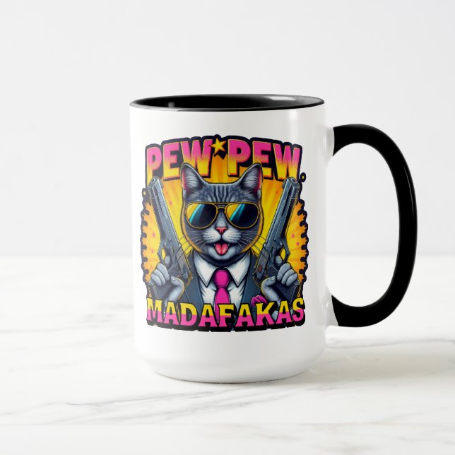 Taza Pew Pew Madafakas Guay Cat con estilo y pistolas (Derecha)