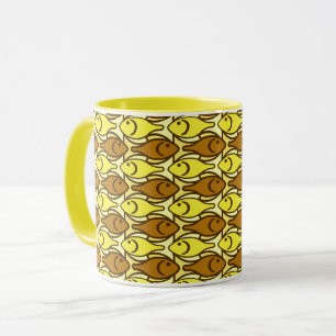 Taza Pez modernista de mediados de siglo, marrón y amar