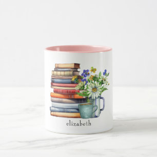 Taza Pila de Libros Florales de Acuarela Personalizados