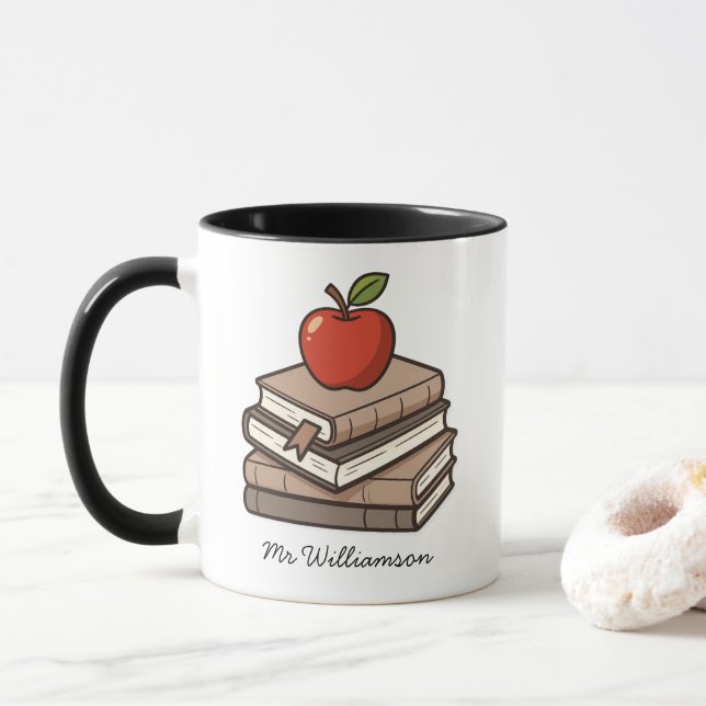 Taza Pila de libros y maestro personalizado de Apple (Con donut)
