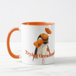 Taza Pingüino con flores de amapola naranja Arte botáni