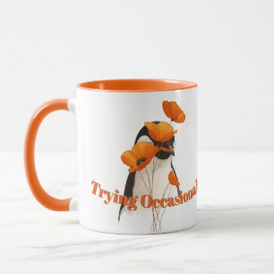 Taza Pingüino con flores de amapola naranja Arte botáni