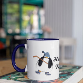 Taza Pingüino de hockey con palo de hockey