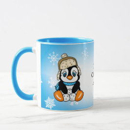 Taza Pingüino dibujado a mano adorable con bolas de nie