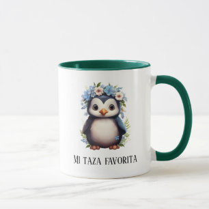 Taza Pingüinos Cutos Personalizado Verde Bilingüe Texto
