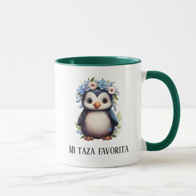 Taza Pingüinos Cutos Personalizado Verde Bilingüe Texto (Derecha)
