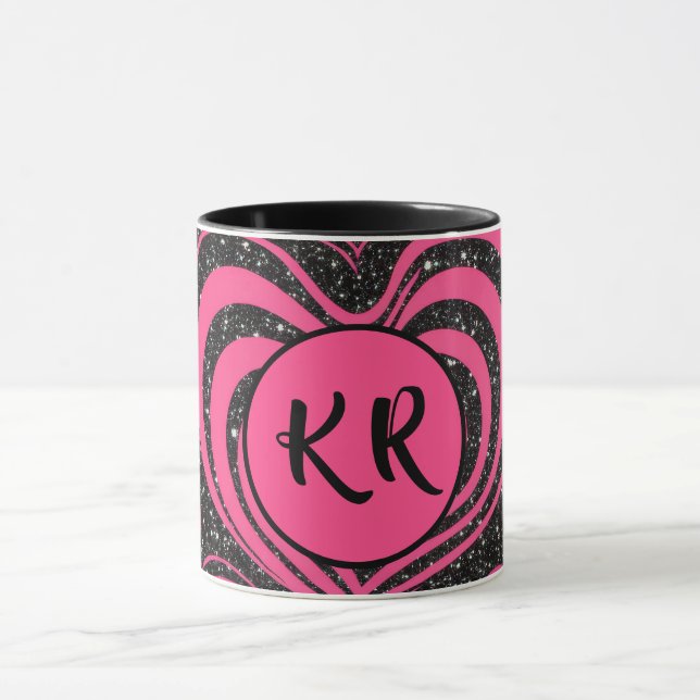 Taza Pink Black Glam Abstract Heart Monogram Initials (Centro)